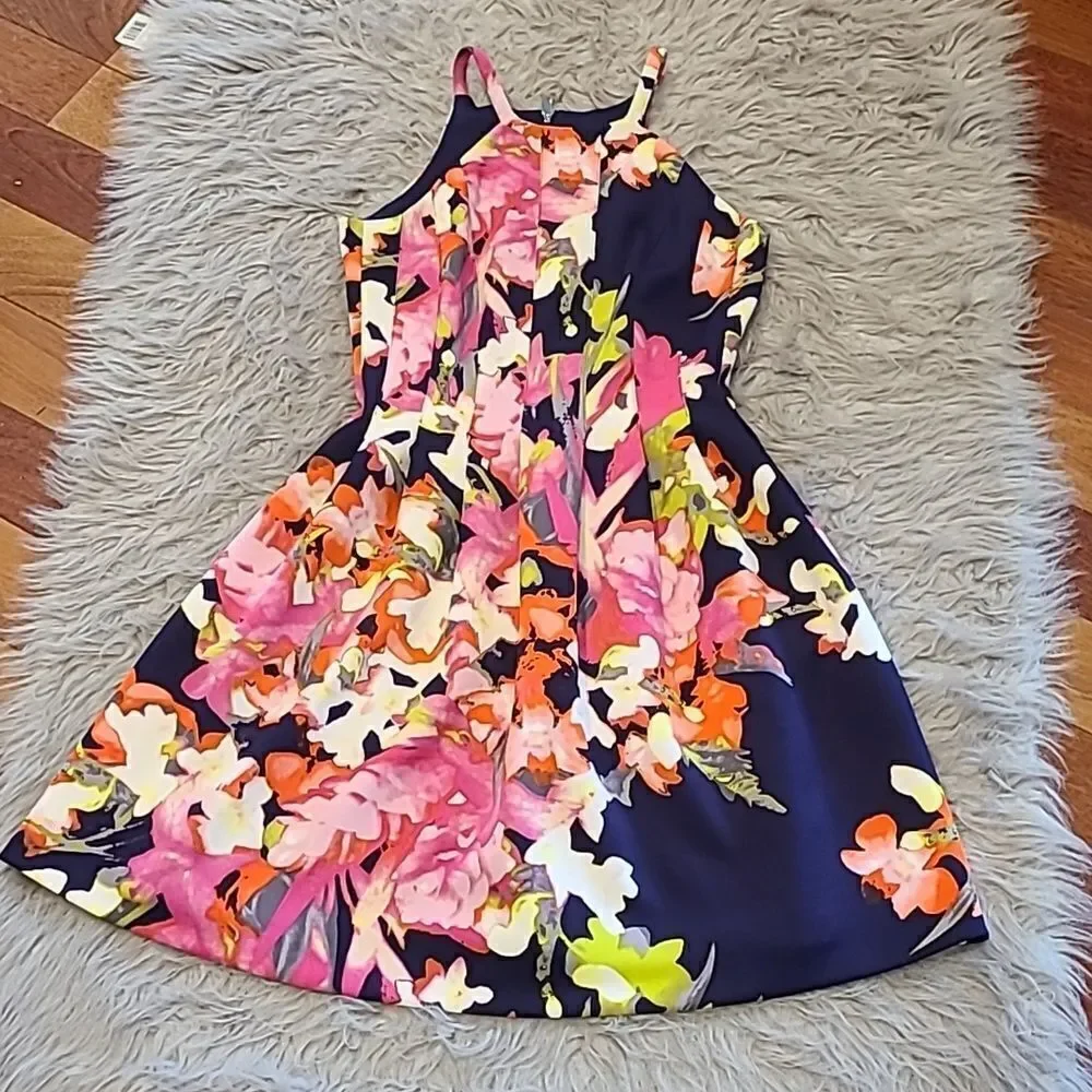 Vince Camuto womens‎ navy blue, pink and green floral sleeveless dress size 2